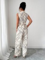 Compleu Ellen Crem cu Print Negru format din Top si Pantalon - imagine 2