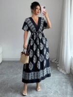 Rochie Lunga Elli Neagra cu Print Alb - Marimi Mari