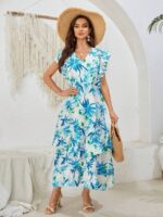 Rochie Lunga Elsi Alba cu Print Bleu