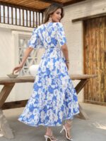 Rochie Lunga Fidelia Bleu cu Print Floral Alb - imagine 2