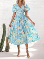 Rochie Midi Frida Alba cu Flori Bleu si Crem