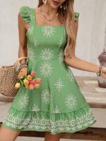 Rochie Scurta Gabriella Verde cu Print Crem