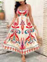 Rochie Lunga Helmi Crem cu Print Multicolor - Marimi Mari
