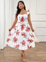 Rochie Midi Irenne Alba cu Print floral Rosu - Marimi Mari