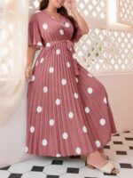 Rochie Lunga Iriss Roz Pudra cu Buline Albe  - Marimi Mari
