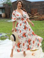 Rochie Lunga Iska Crem cu Print Multicolor - Marimi Mari