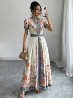 Rochie Lunga Iveth Crem cu Print Multicolor