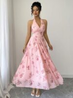 Rochie Lunga Kaida Roz cu Print Floral