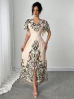 Rochie Lunga Kaiya Bej cu Print Negru