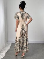 Rochie Lunga Kaiya Bej cu Print Negru - imagine 2