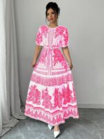 Rochie Lunga Kano Alba cu Print Floral Roz