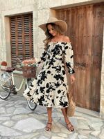 Rochie Midi Lisel Crem cu Print Floral Negru