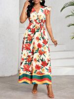 Rochie Lunga Lucinda Crem cu Print Multicolor