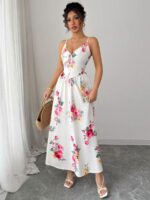 Rochie Lunga Marrie Alba cu Print Floral Roz
