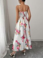 Rochie Lunga Marrie Alba cu Print Floral Roz - imagine 2