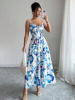 Rochie Lunga Mennie Alba cu Print Floral Albastru