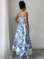 Rochie Lunga Mennie Alba cu Print Floral Albastru - imagine 2