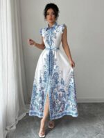 Rochie Lunga Milania Alba cu Print Bleu