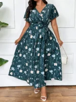Rochie Lunga Mildrid Verde Inchis cu Print Floral - Marimi Mari