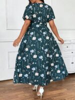 Rochie Lunga Mildrid Verde Inchis cu Print Floral - Marimi Mari - imagine 2