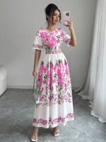 Rochie Lunga Nanah Alba cu Print Floral Roz