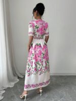 Rochie Lunga Nanah Alba cu Print Floral Roz - imagine 2