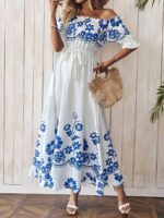 Rochie Lunga Naty Alba cu Print Floral Albastru