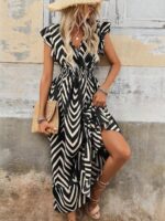Rochie Lunga Nervisa Neagra cu Print Bej