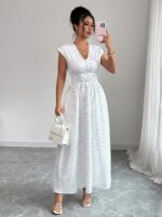 Rochie Lunga Nestor Alba cu Buline Negre