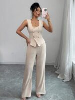 Compleu Nicky Crem format din Top si Pantalon