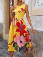 Rochie Midi Nona Galbena cu Print Floral Multicolor