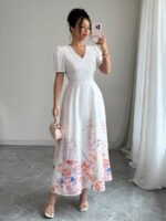 Rochie Lunga Olivia Alba cu Print Floral