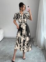 Rochie Lunga Melanie Neagra cu Print Floral Bej