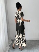 Rochie Lunga Melanie Neagra cu Print Floral Bej - imagine 2