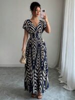 Rochie Lunga Parker Bleumarin cu Print Bej