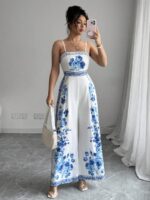 Salopeta Lunga Pavia Alba cu Print Floral Bleu