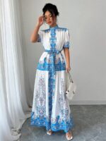 Rochie Lunga Petrina Alba cu Print Bleu