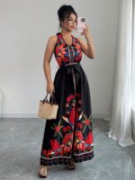 Rochie Lunga Ruzica Neagra cu Print Rosu