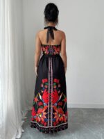 Rochie Lunga Ruzica Neagra cu Print Rosu - imagine 2