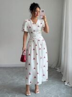 Rochie Lunga Safira Alba cu Flori Rosii