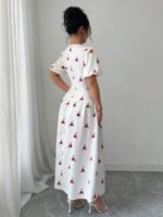 Rochie Lunga Safira Alba cu Flori Rosii - imagine 2