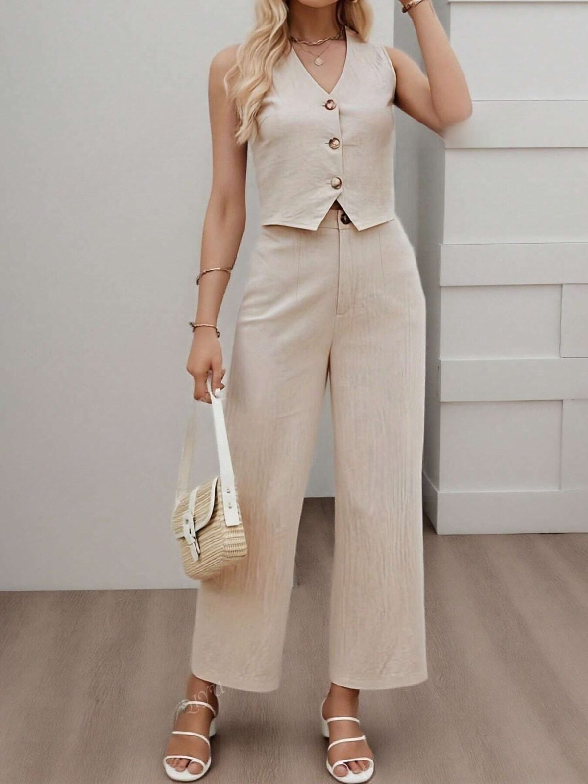 Compleu Saini Crem format din Vesta si Pantalon - imagine 1