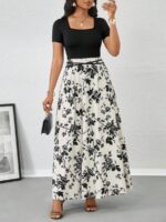 Rochie Lunga Segot Negru cu Alb si Print Floral Negru