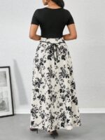 Rochie Lunga Segot Negru cu Alb si Print Floral Negru - imagine 2