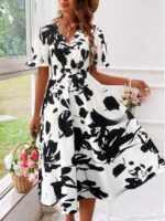 Rochie Midi Serena Alba cu Print Floral Negru