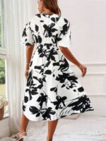 Rochie Midi Serena Alba cu Print Floral Negru - imagine 2