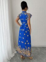 Rochie Lunga Teodory Albastra cu Print Portocaliu - imagine 2