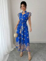 Rochie Lunga Teodory Albastra cu Print Portocaliu