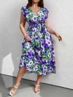 Rochie Lunga Thessy Lila cu Print Floral Mov - Marimi Mari