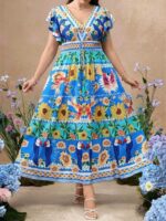 Rochie Lunga Tolva Bleu cu Print Multicolor  - Marimi Mari